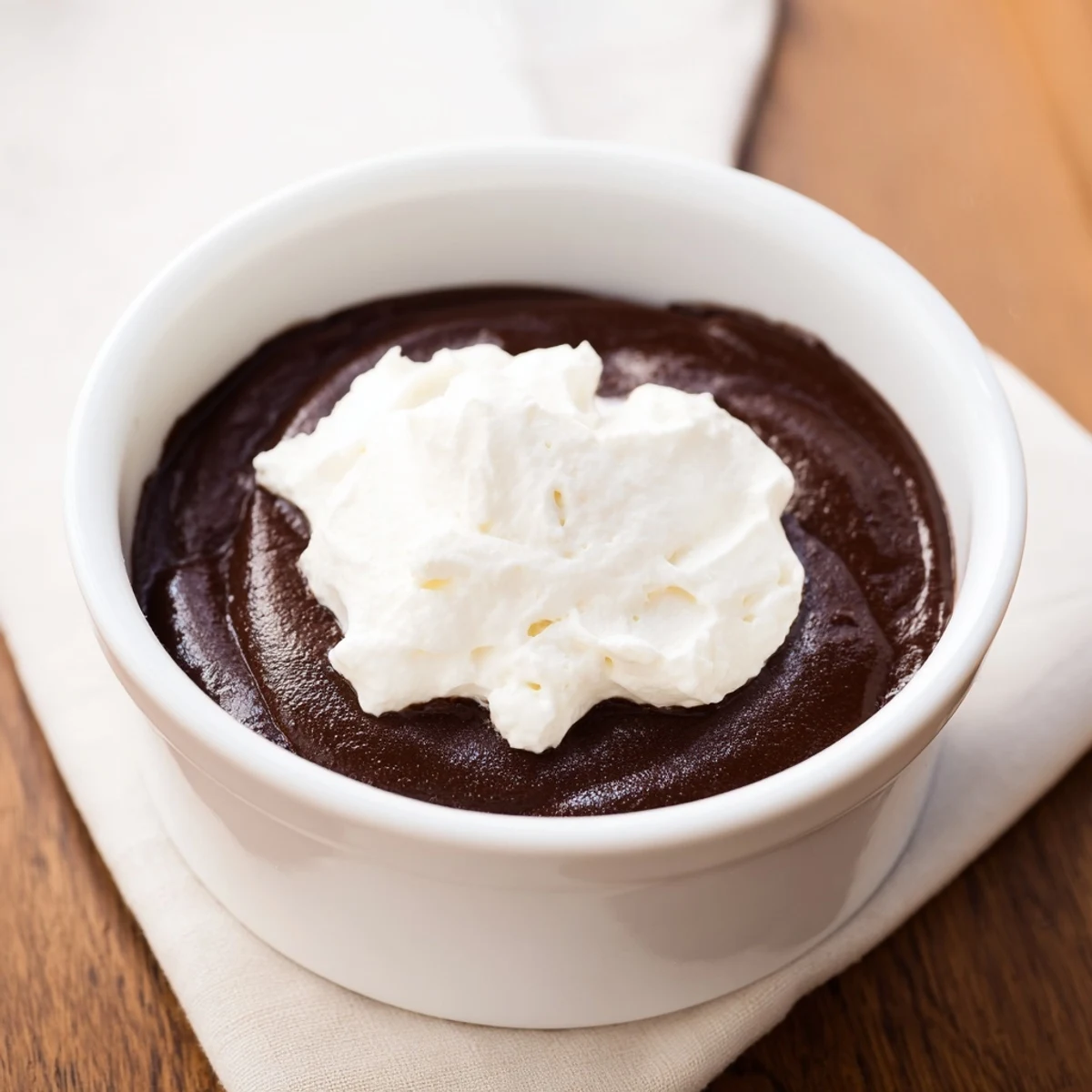 Velvety chocolate pudding topped with light, fluffy whipped cream, presented in a dessert dish for an indulgent American treat.