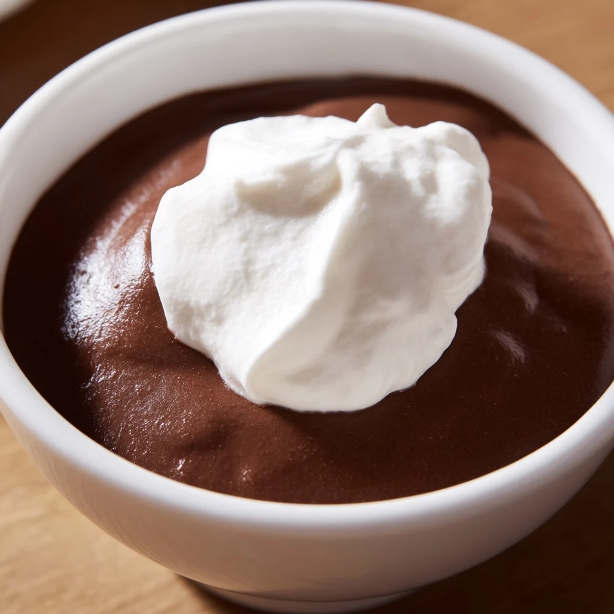A single serving of rich Chocolate Pudding with Homemade Whipped Cream, garnished with chocolate shavings, ready to enjoy.