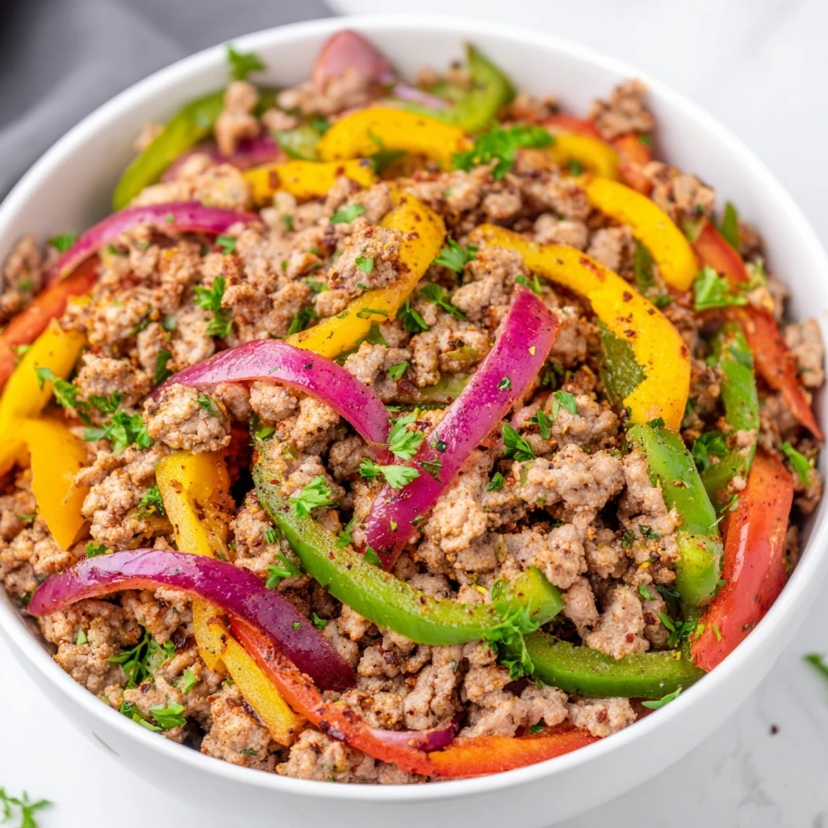 Ground turkey and vibrant bell peppers sizzling in a skillet with fresh parsley garnish.