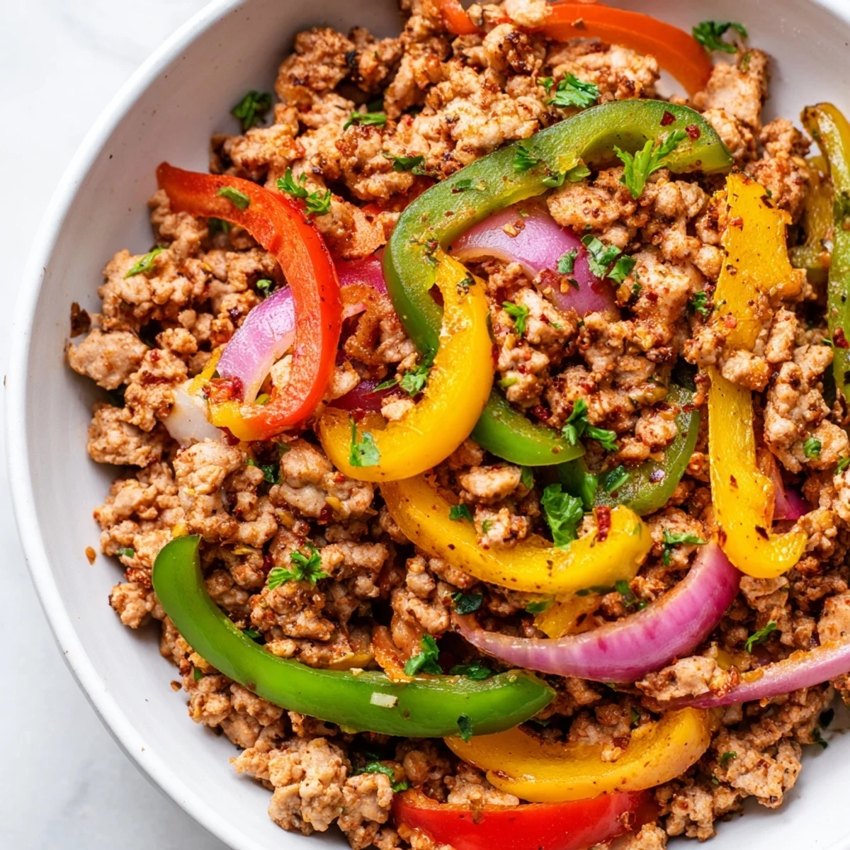 Colorful skillet of turkey and bell peppers served hot with lemon wedges on the side.
