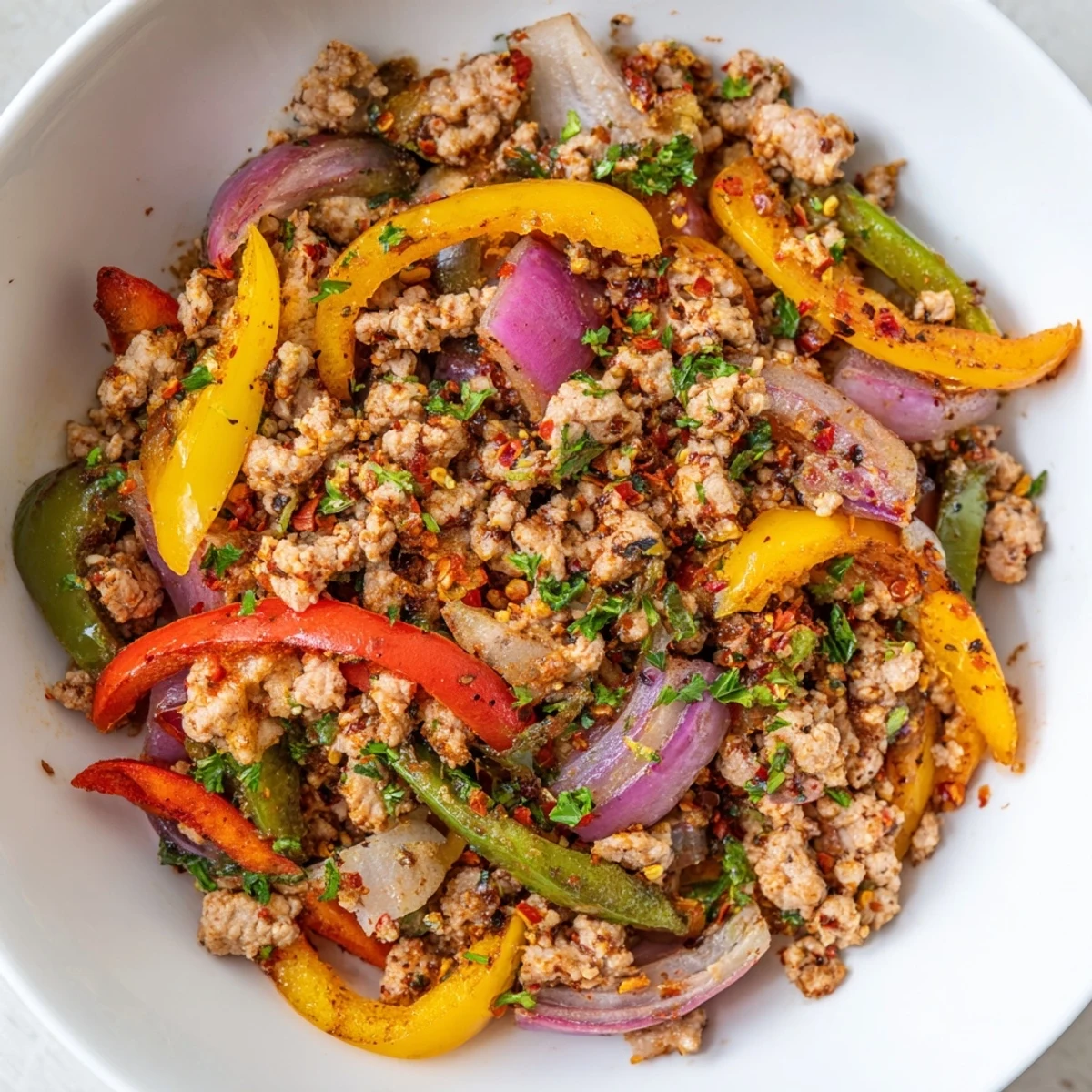 One-pan dinner with sautéed turkey, crisp vegetables, and spices ready to serve.