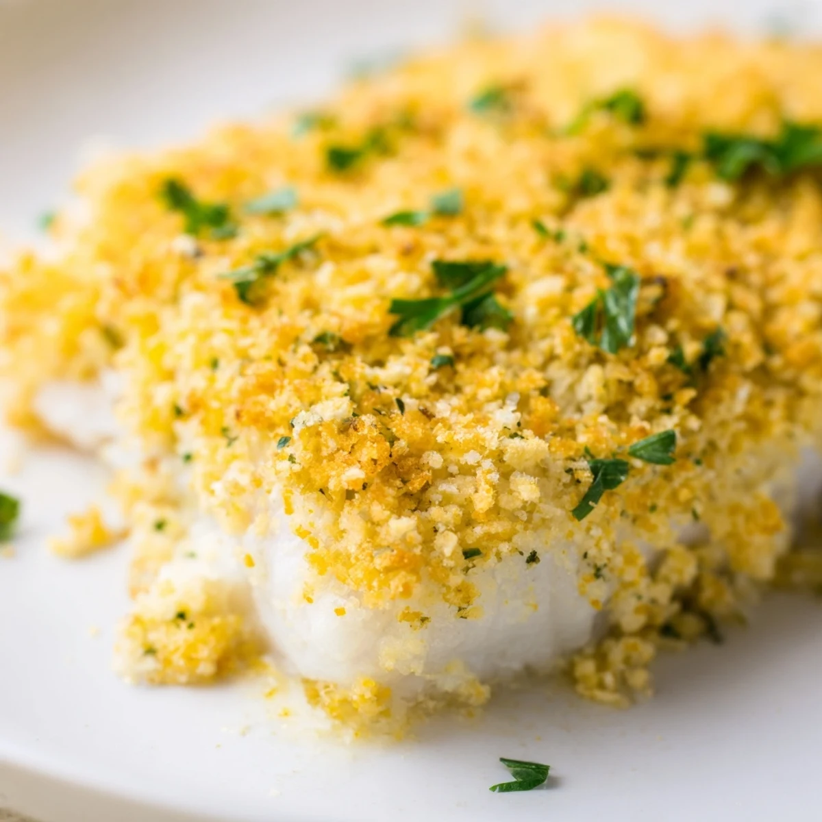 Golden, crispy Baked Haddock with Butter Breadcrumbs served with fresh lemon wedges.