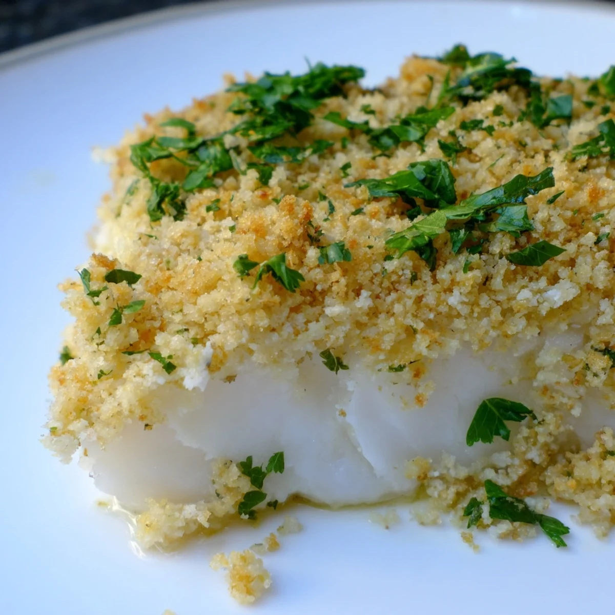 Sizzling Baked Haddock with Butter Breadcrumbs fresh from the oven, topped with parsley.