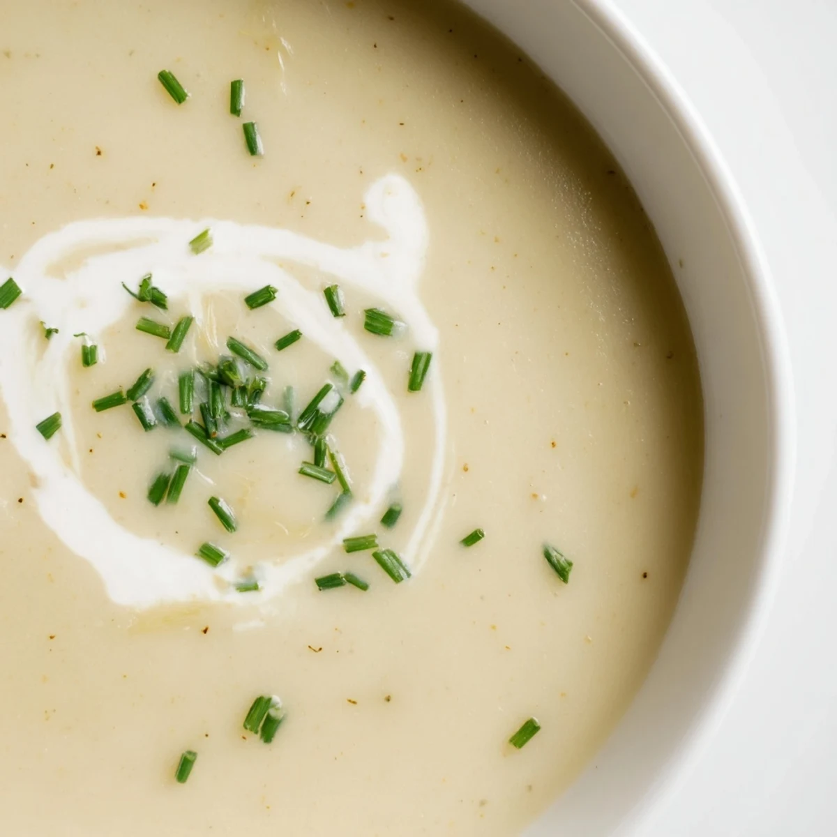 A bowl of creamy leek soup with diced potatoes garnished with fresh chives and a drizzle of cream.