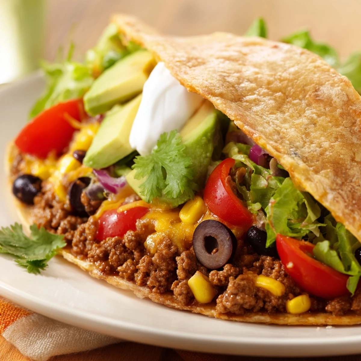 Golden homemade taco shells loaded with ground beef, fresh romaine lettuce, and ripe avocado slices.