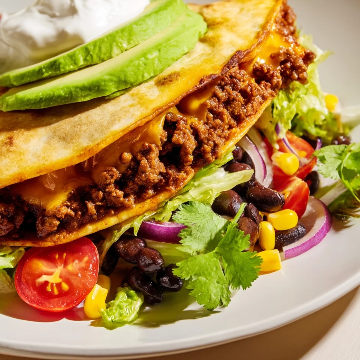 Freshly baked crispy tortilla shells filled with seasoned beef, black beans, corn, and colorful salad toppings.