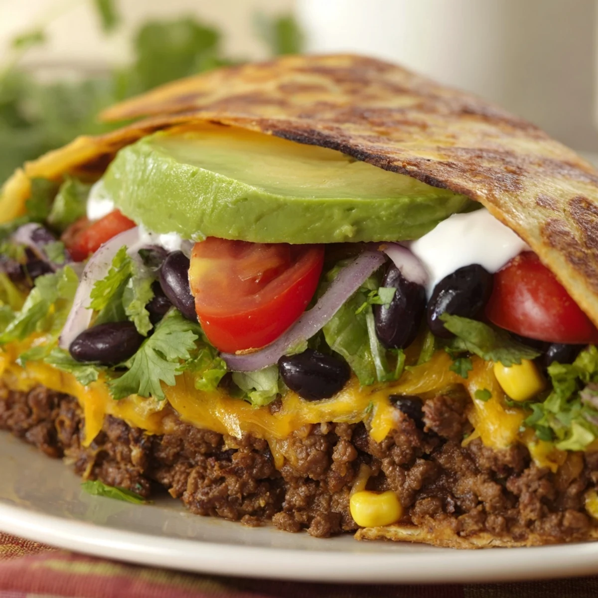 A plated Beef Taco Salad with sour cream and salsa, served with lime wedges for a zesty finish.