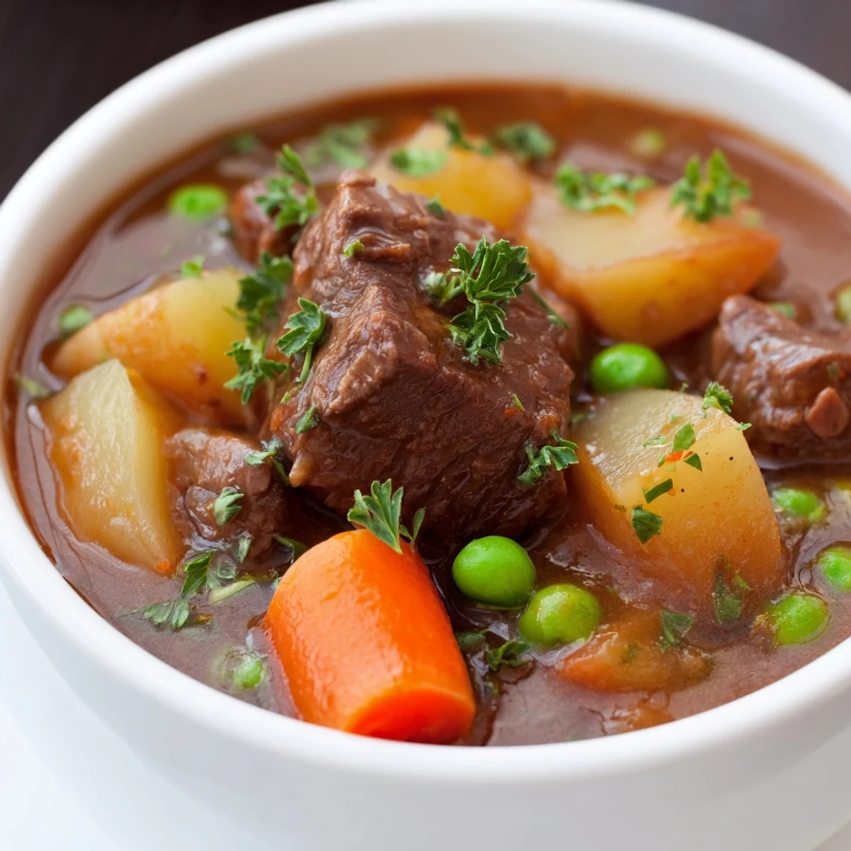 Close-up of Slow Cooker Beef and Vegetable Stew being ladled over mashed potatoes, garnished with fresh parsley. 