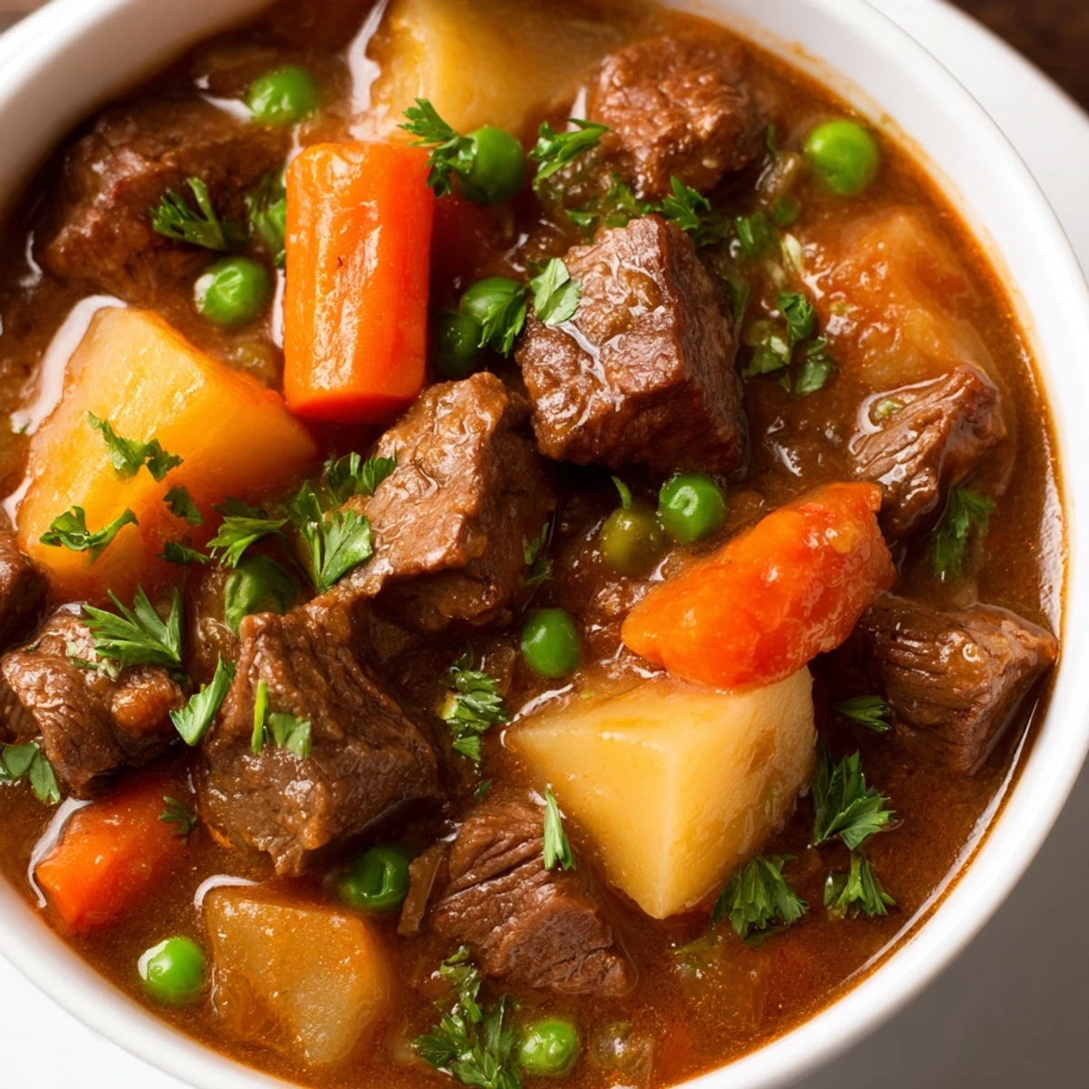 A steaming bowl of Slow Cooker Beef and Vegetable Stew, featuring tender chunks of beef, carrots, and potatoes in a rich, savory broth. 