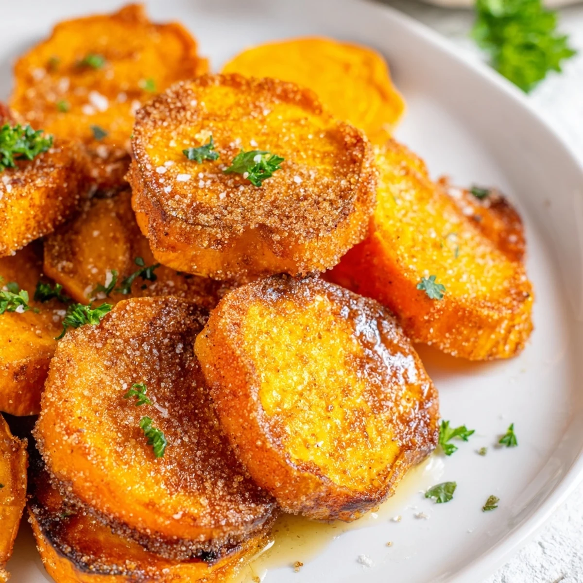 A top-down view of Crispy Sweet Potatoes with Cinnamon Sugar, garnished with fresh parsley, ready to be served as a snack.