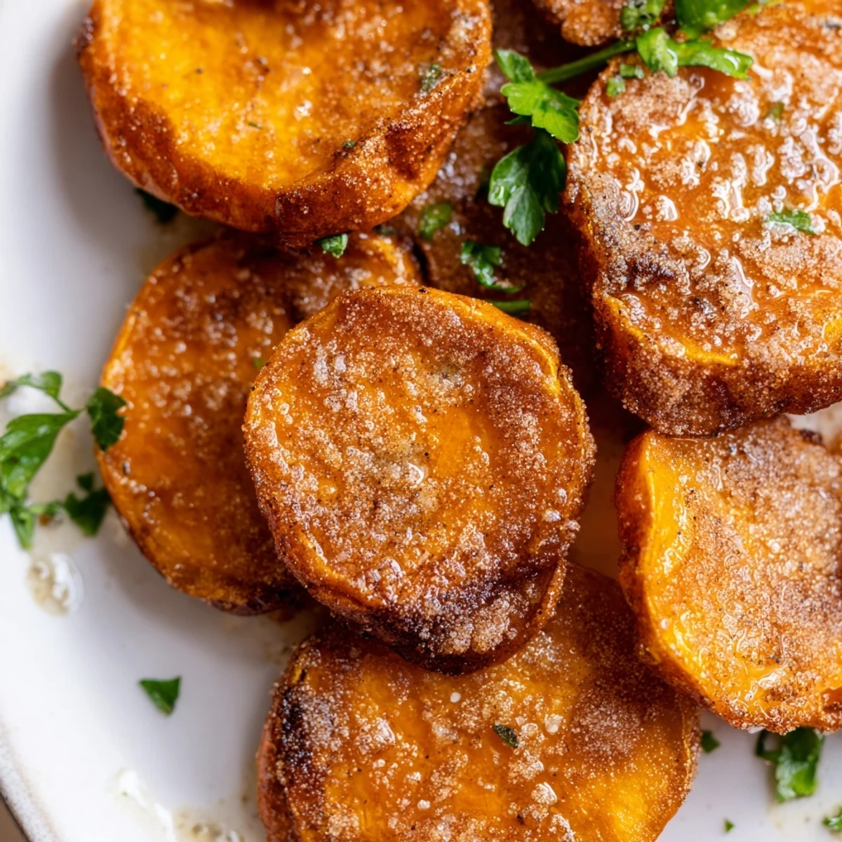 Crispy Sweet Potatoes with Cinnamon Sugar glistening on a white plate, showcasing golden-brown edges and a warm, sweet aroma.