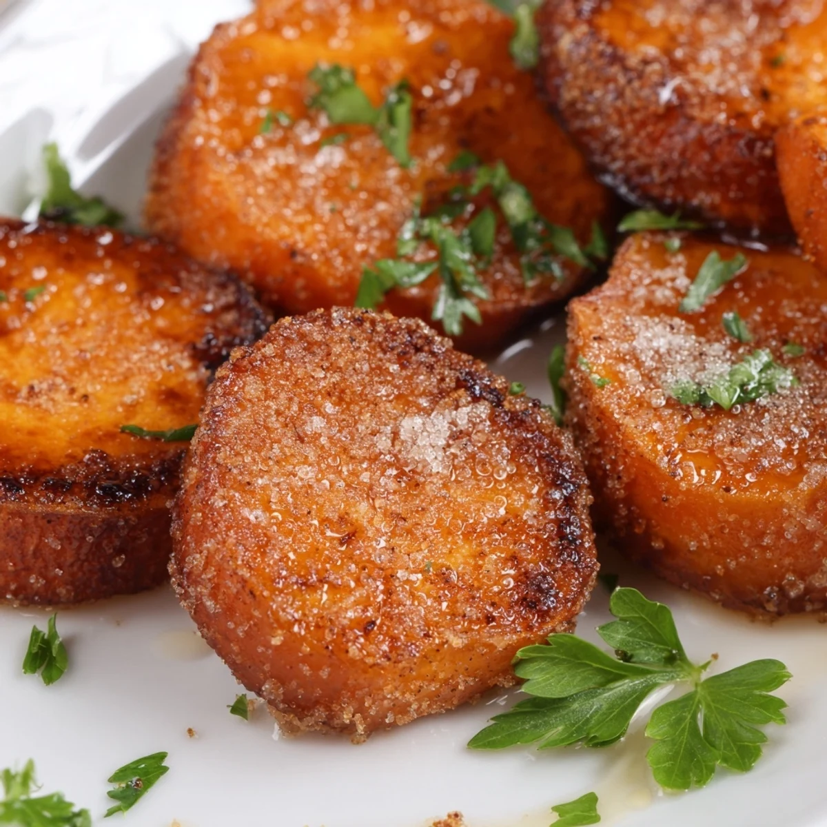 A close-up on Crispy Sweet Potatoes with Cinnamon Sugar highlights the crunchy texture and sparkling sugar crystals.