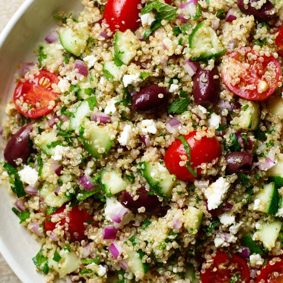 Fork-tender Mediterranean Quinoa Salad with Cherry Tomatoes, cucumbers, and crumbled feta cheese glistening with a lemon-oregano vinaigrette on a rustic wooden table.
