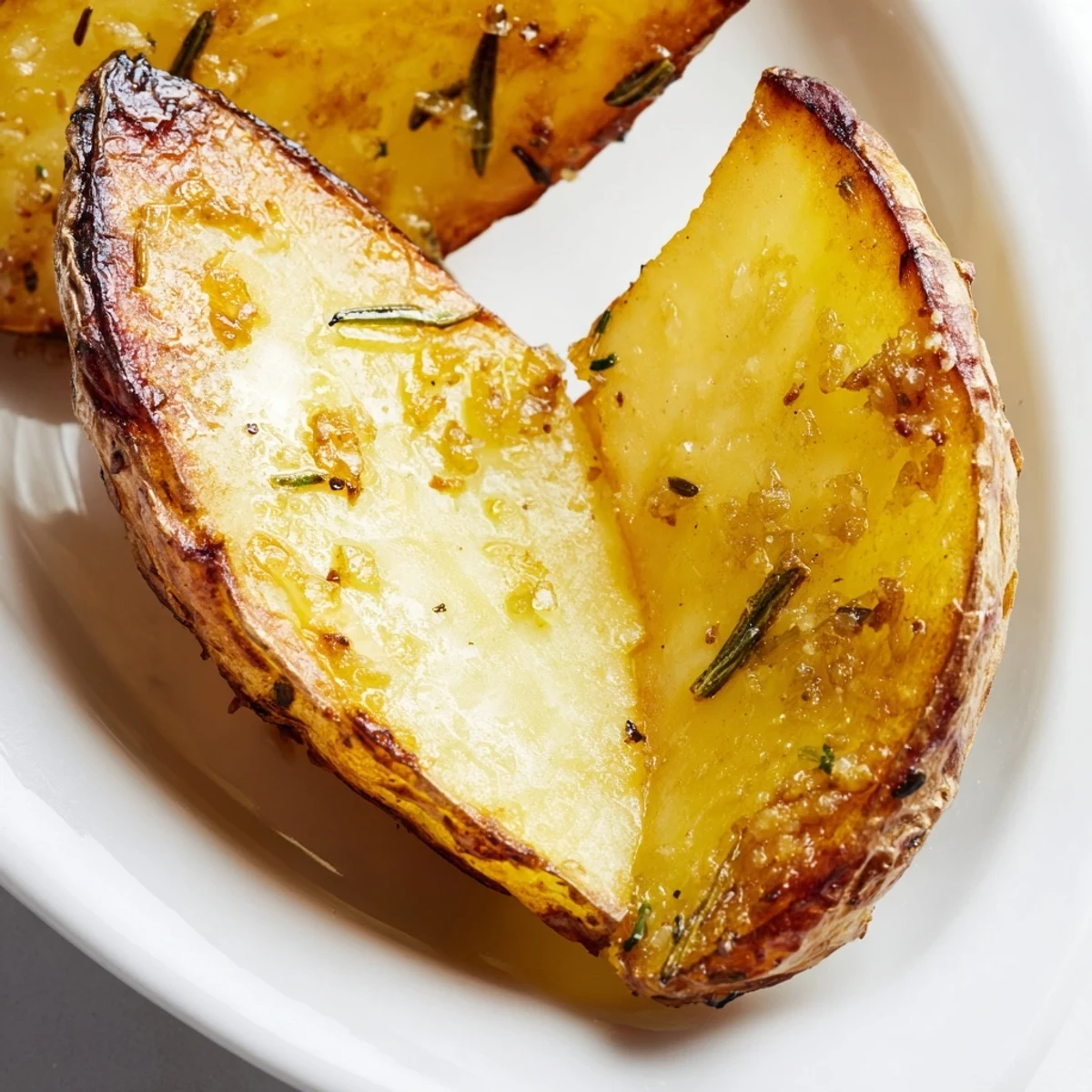 Golden roasted Lemon Potatoes with Fresh Rosemary garnished on a rustic platter with lemon wedges.