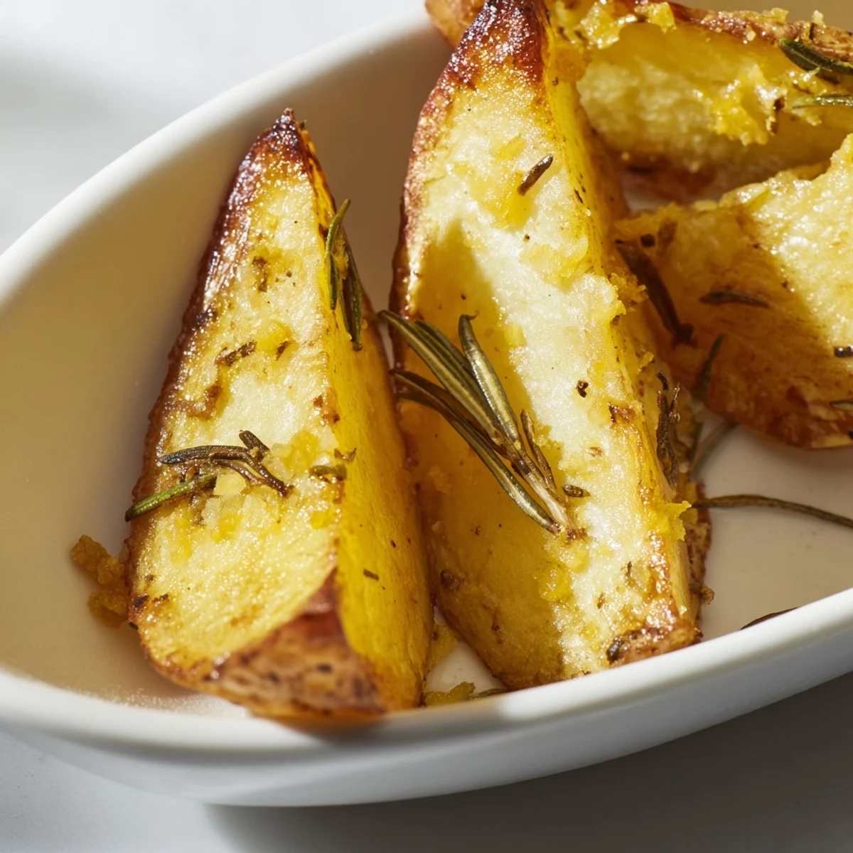 Freshly baked Lemon Potatoes with Fresh Rosemary in a white ceramic dish with steam rising.