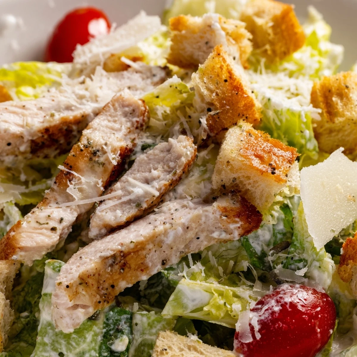 Juicy grilled chicken slices rest on crisp romaine lettuce for a classic Chicken Caesar Salad.