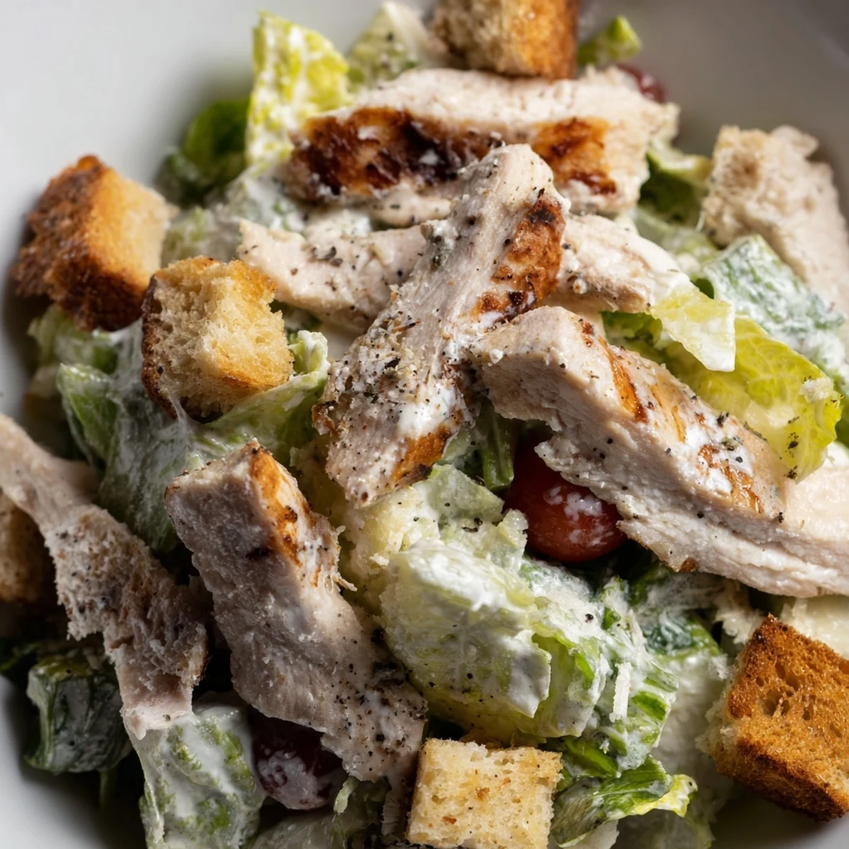 Freshly made Caesar dressing and crunchy croutons top this easy main dish recipe.