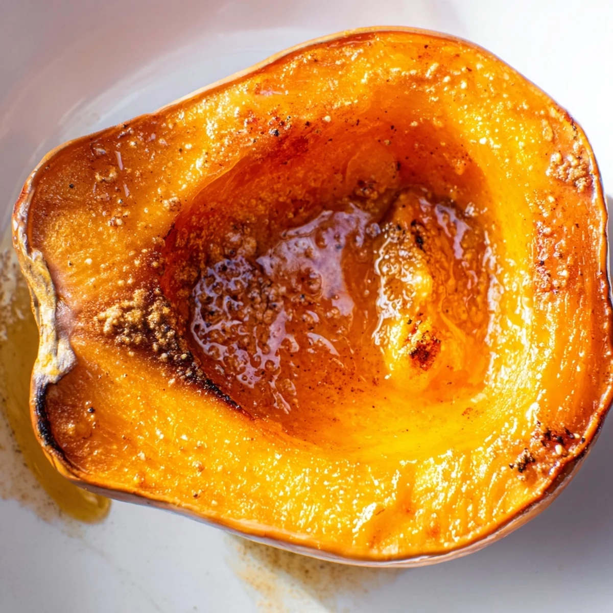 Close-up of roasted squash halves, fork tender flesh topped with melted brown sugar butter and cinnamon.