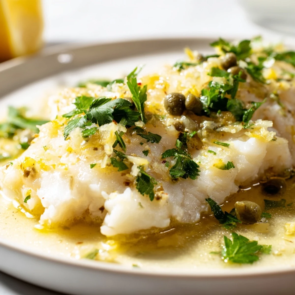 Flaky, oven-baked cod fillets glistening with a bright lemon butter sauce, garnished with fresh parsley.