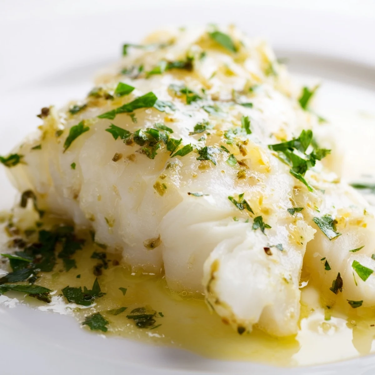 Golden-baked Baked Cod with Lemon Butter Sauce fillets served on a white plate with lemon slices.