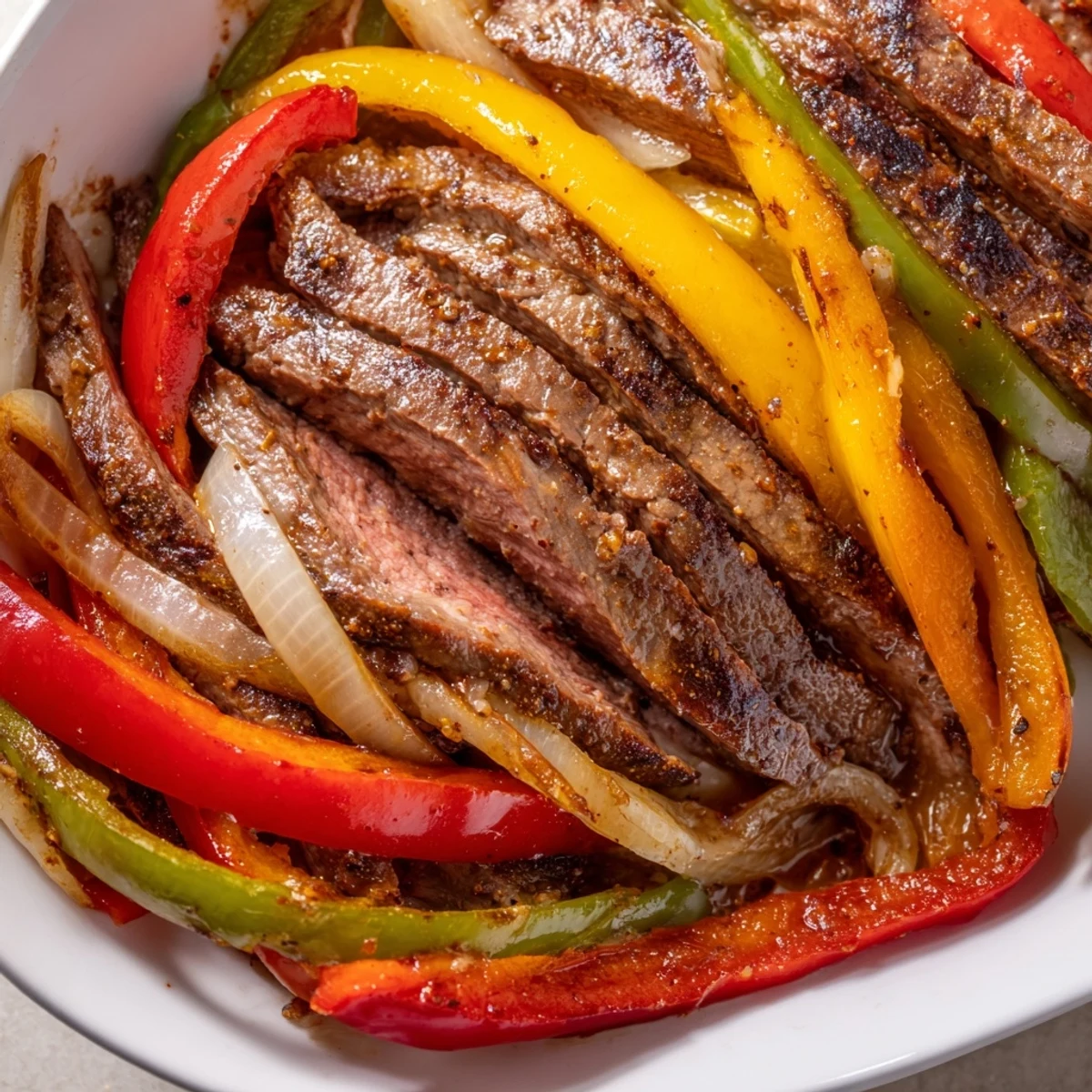 A colorful cast-iron pan of Beef Fajita Skillet with Peppers, garnished with fresh cilantro and lime wedges.