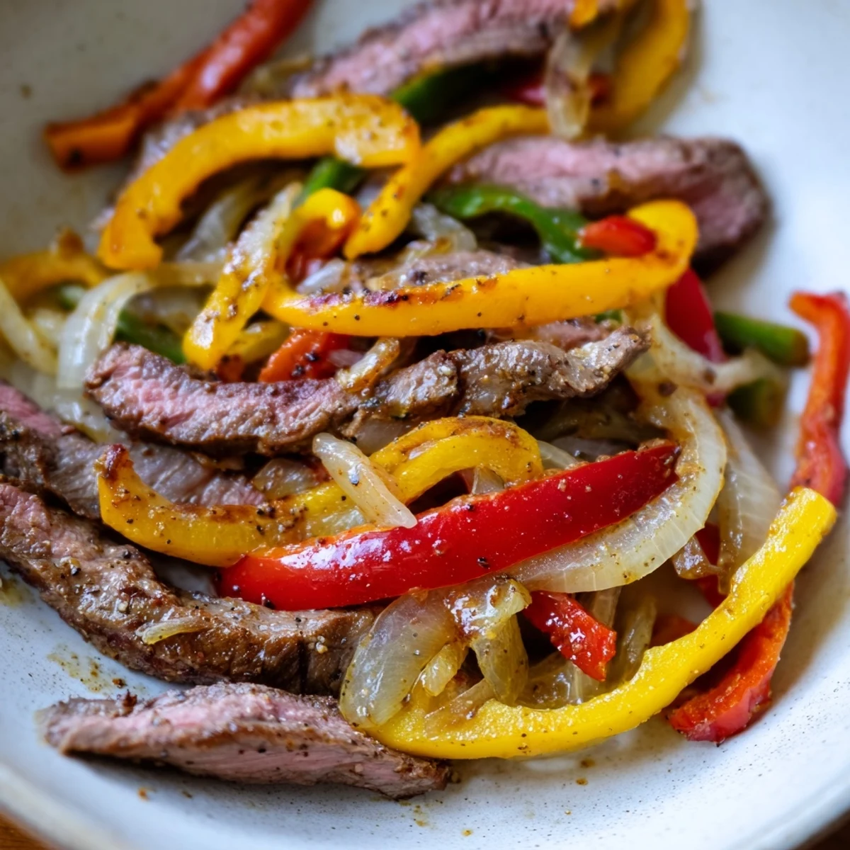 Close-up of a sizzling Beef Fajita Skillet with Peppers, featuring tender beef strips and vibrant sautéed vegetables.