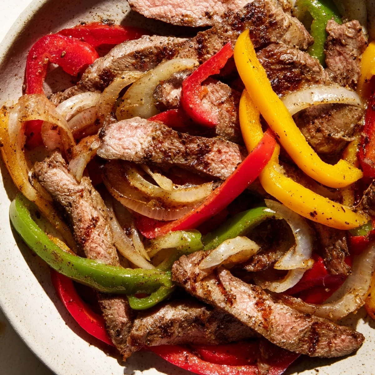 Ready-to-serve Beef Fajita Skillet with Peppers in a skillet, surrounded by warm tortillas and toppings for a family-style meal.