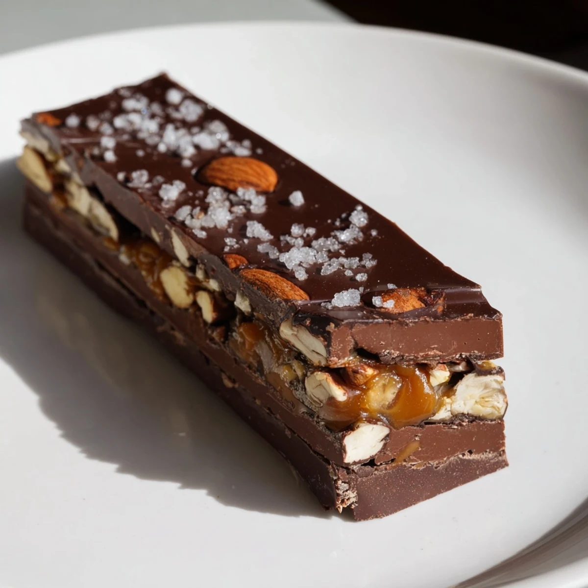 Plated chocolate bars with caramel and nuts on a rustic table with a glass of milk.