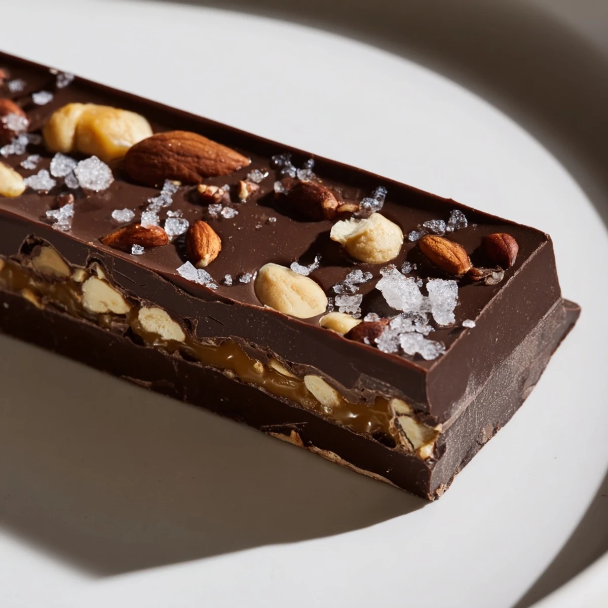 Rich, dark chocolate bars with caramel and nuts cut into neat squares, showing a glossy top.