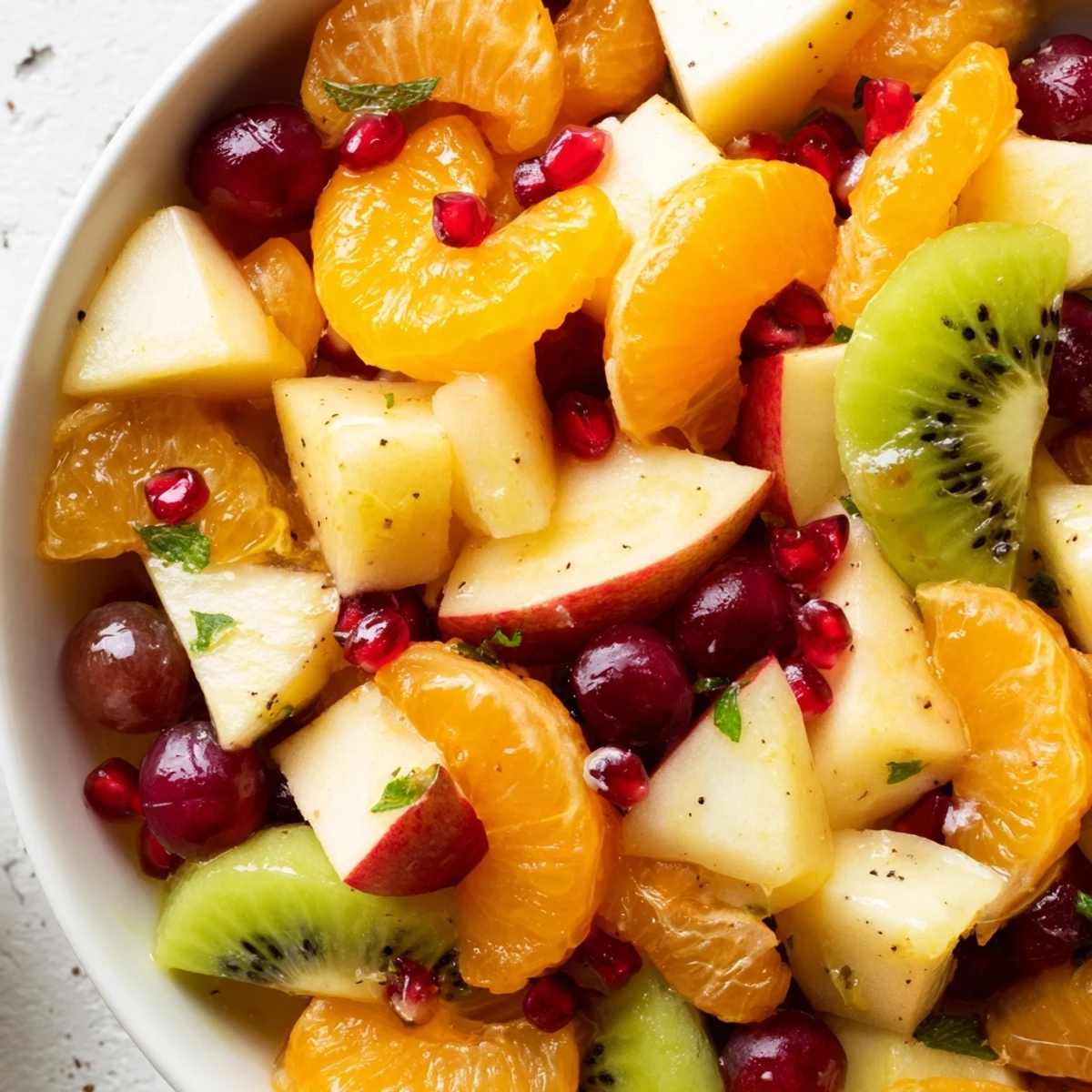 Winter Fruit Salad with Citrus Dressing in a white bowl with sliced kiwi, orange segments, and pomegranate arils.