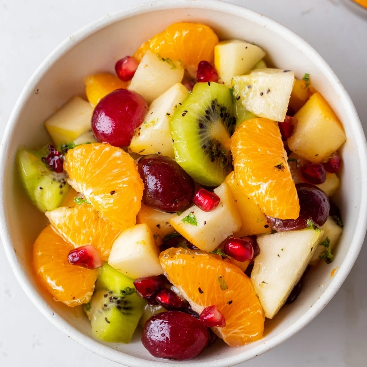 A bowl of Winter Fruit Salad with Citrus Dressing featuring diced apple, pear, and red grapes, garnished with fresh mint.