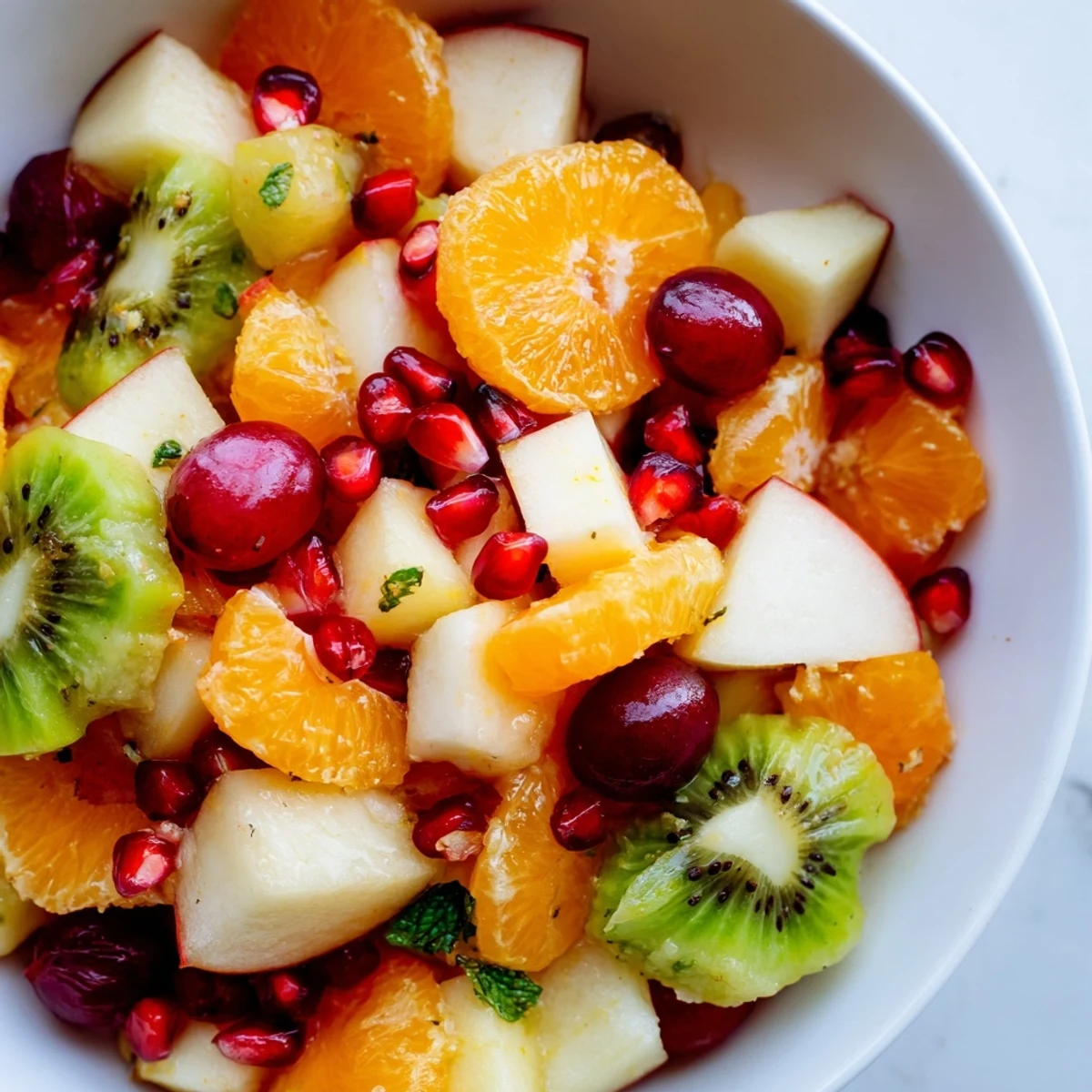 Winter Fruit Salad with Citrus Dressing served chilled, topped with dried cranberries and a drizzle of the ginger honey dressing.