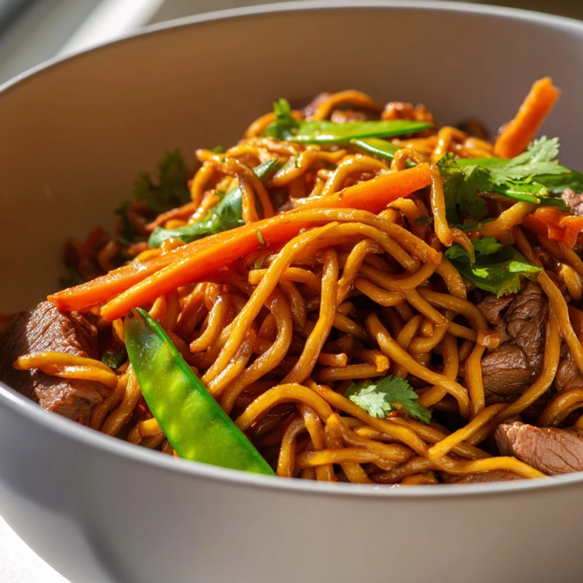 Serving suggestion for Spicy Beef Noodles with Vegetables featuring lime wedges and chopsticks ready to eat.