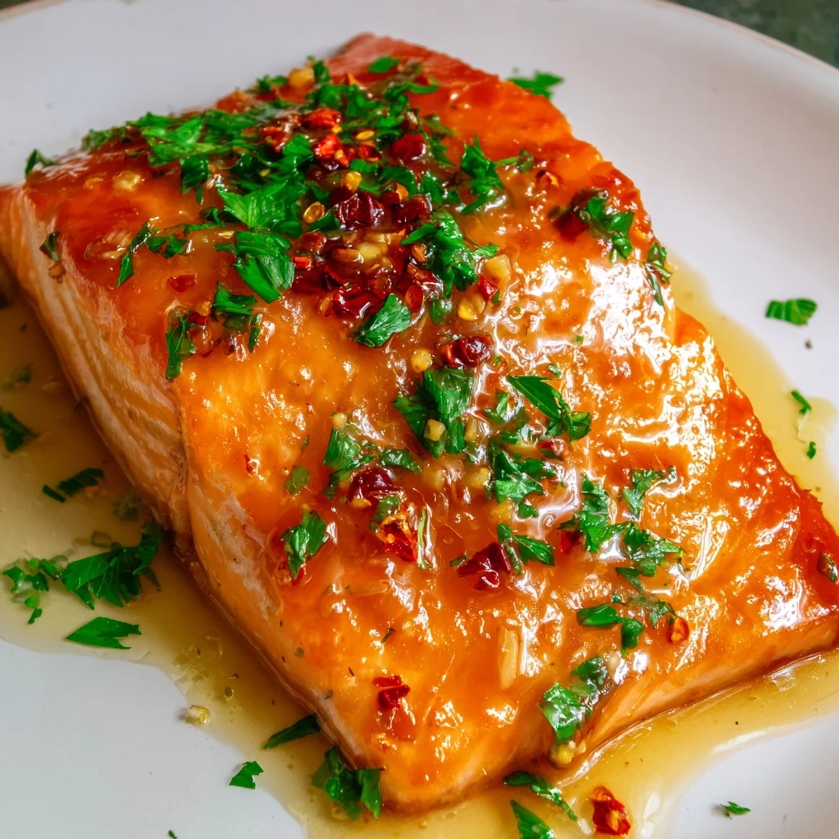 Golden-brown baked salmon fillets glistening with a sticky honey garlic sauce on a white ceramic platter.