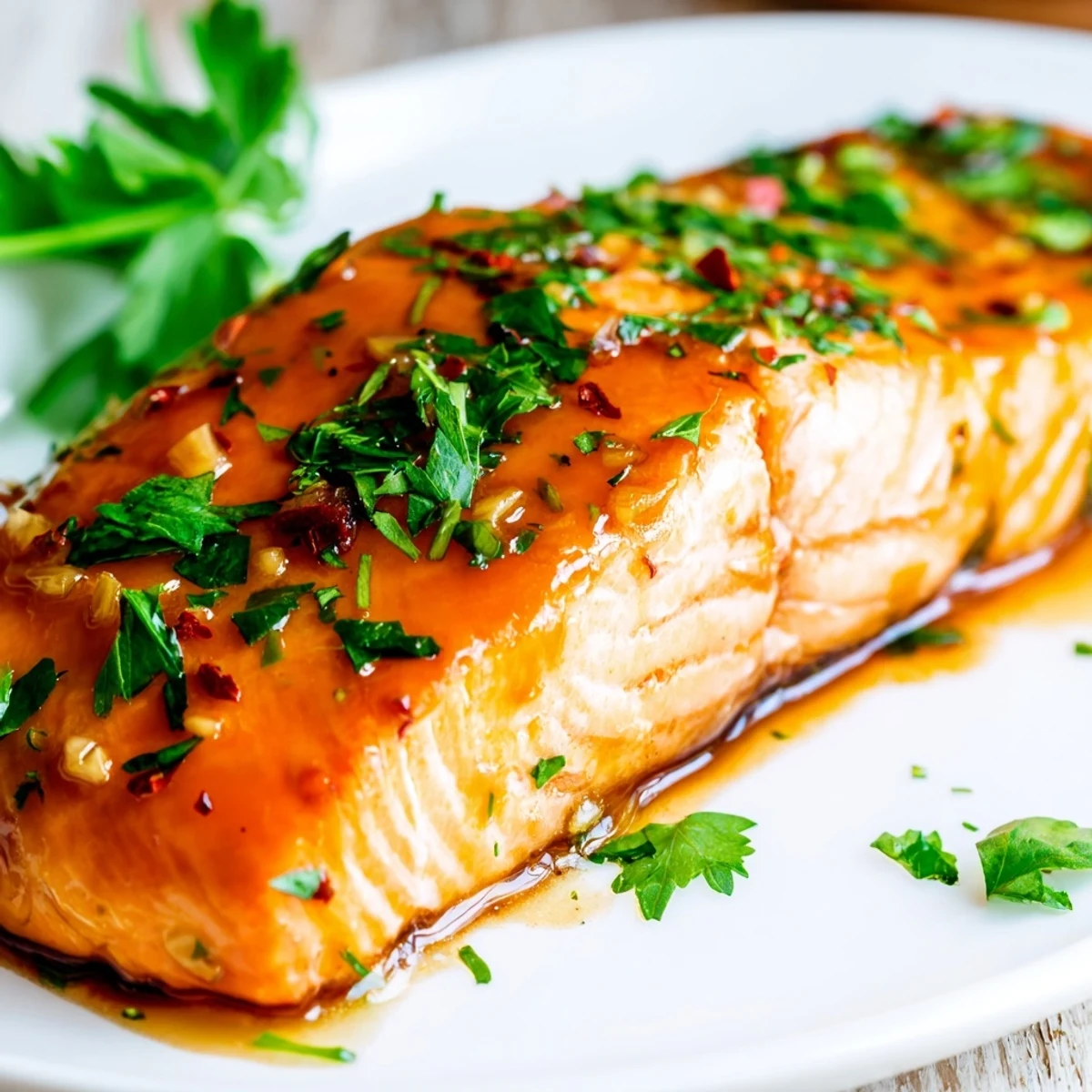 Freshly baked salmon with honey garlic glaze, garnished with parsley and ready to serve for dinner.