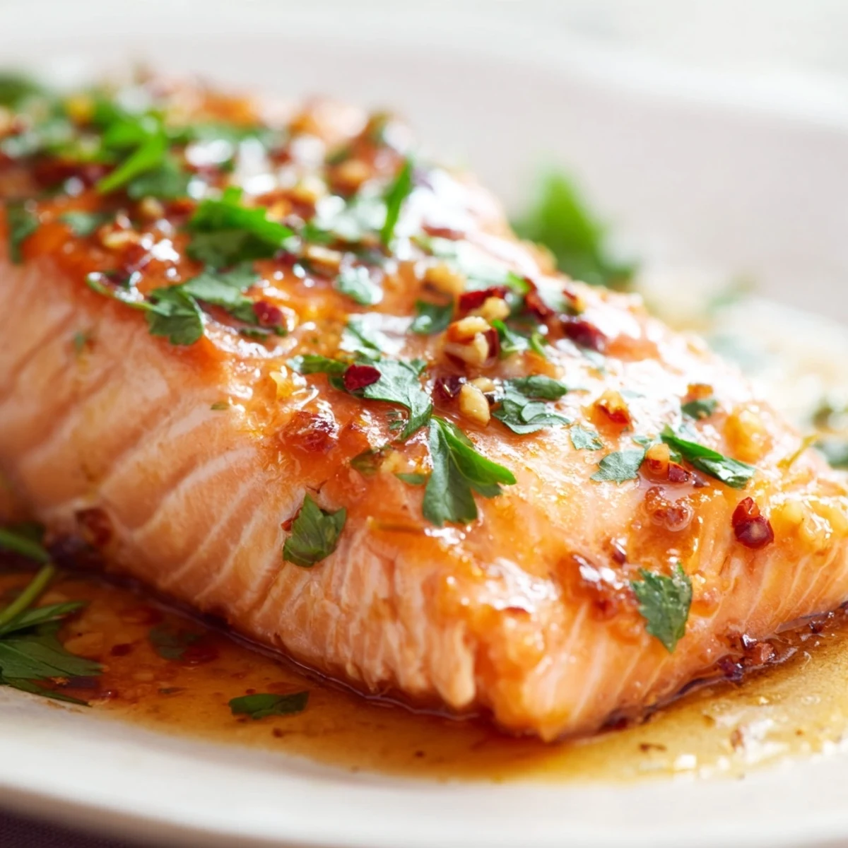 A close-up of tender, flaky salmon with chopped parsley and lemon wedges served beside rice.