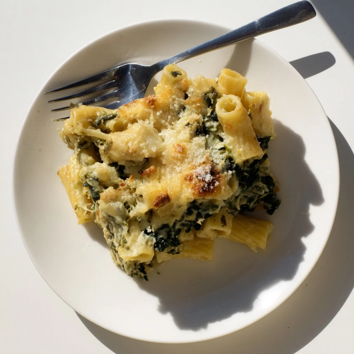 A close-up of Creamy Spinach and Cheese Pasta Bake with penne coated in rich white sauce and wilted spinach.