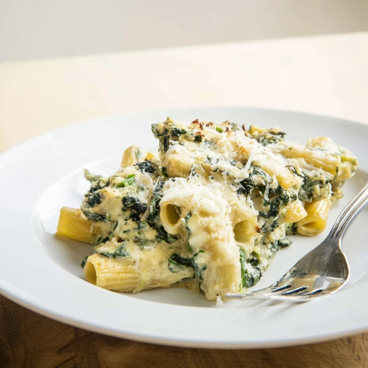 Freshly baked Creamy Spinach and Cheese Pasta Bake with golden, bubbly mozzarella topping, served steaming in a white ceramic dish.