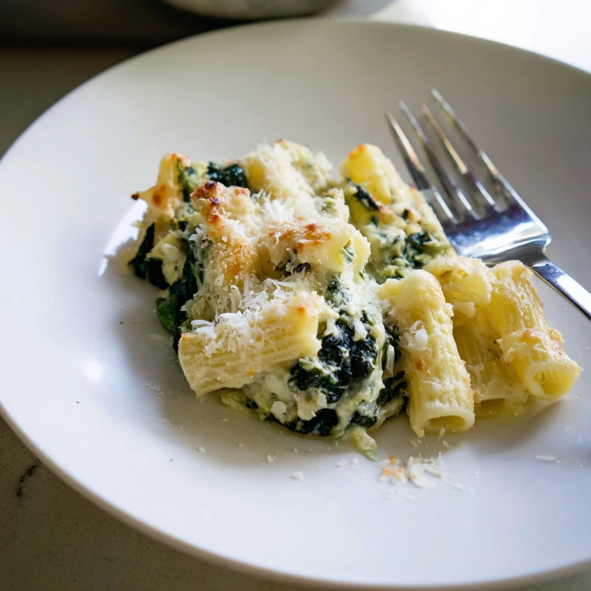 Rustic oven-baked Creamy Spinach and Cheese Pasta Bake garnished with parsley, ready to serve for a cozy family dinner.