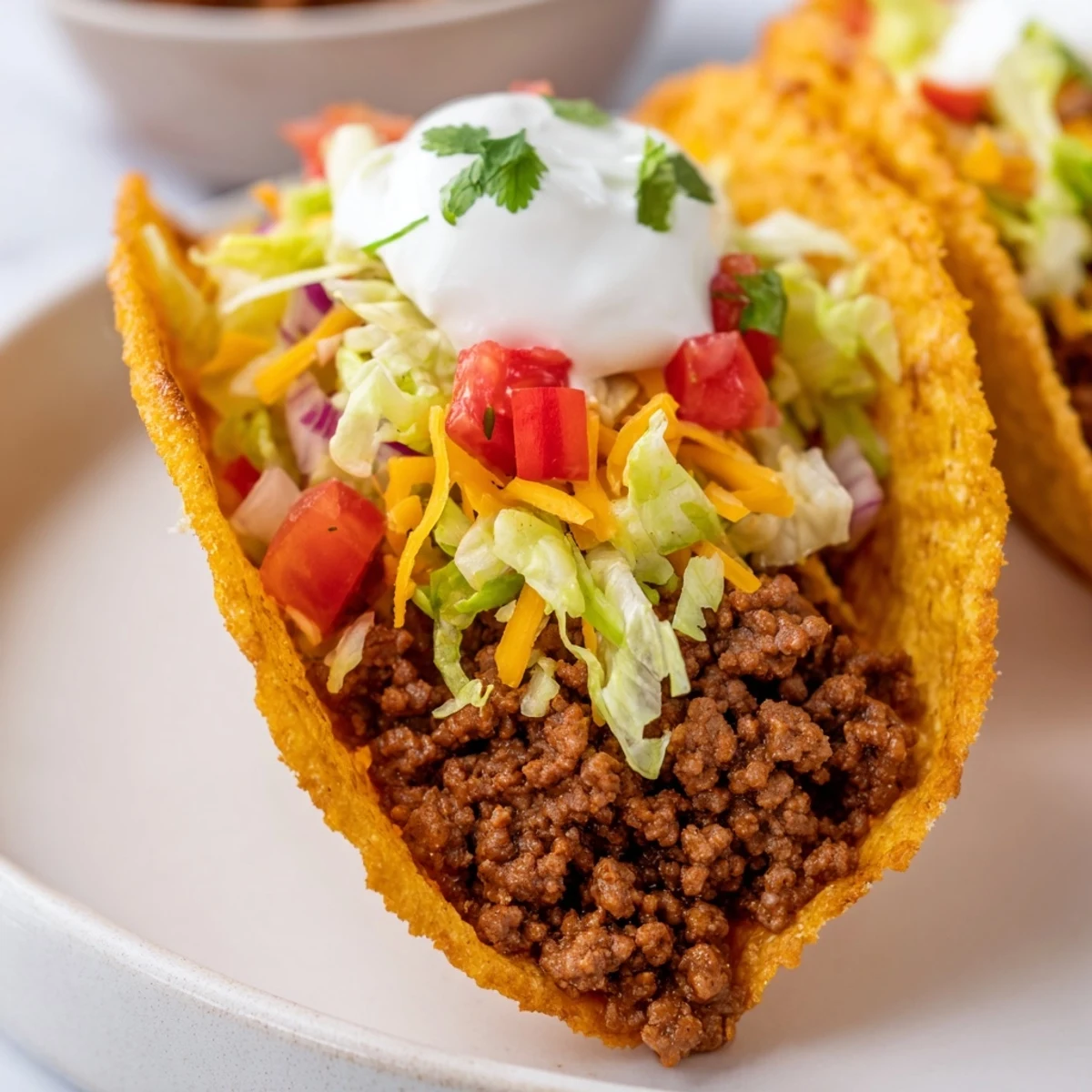 Freshly assembled beef tacos with sour cream, melty cheese, and vibrant toppings on a rustic wooden table for a family-style meal.