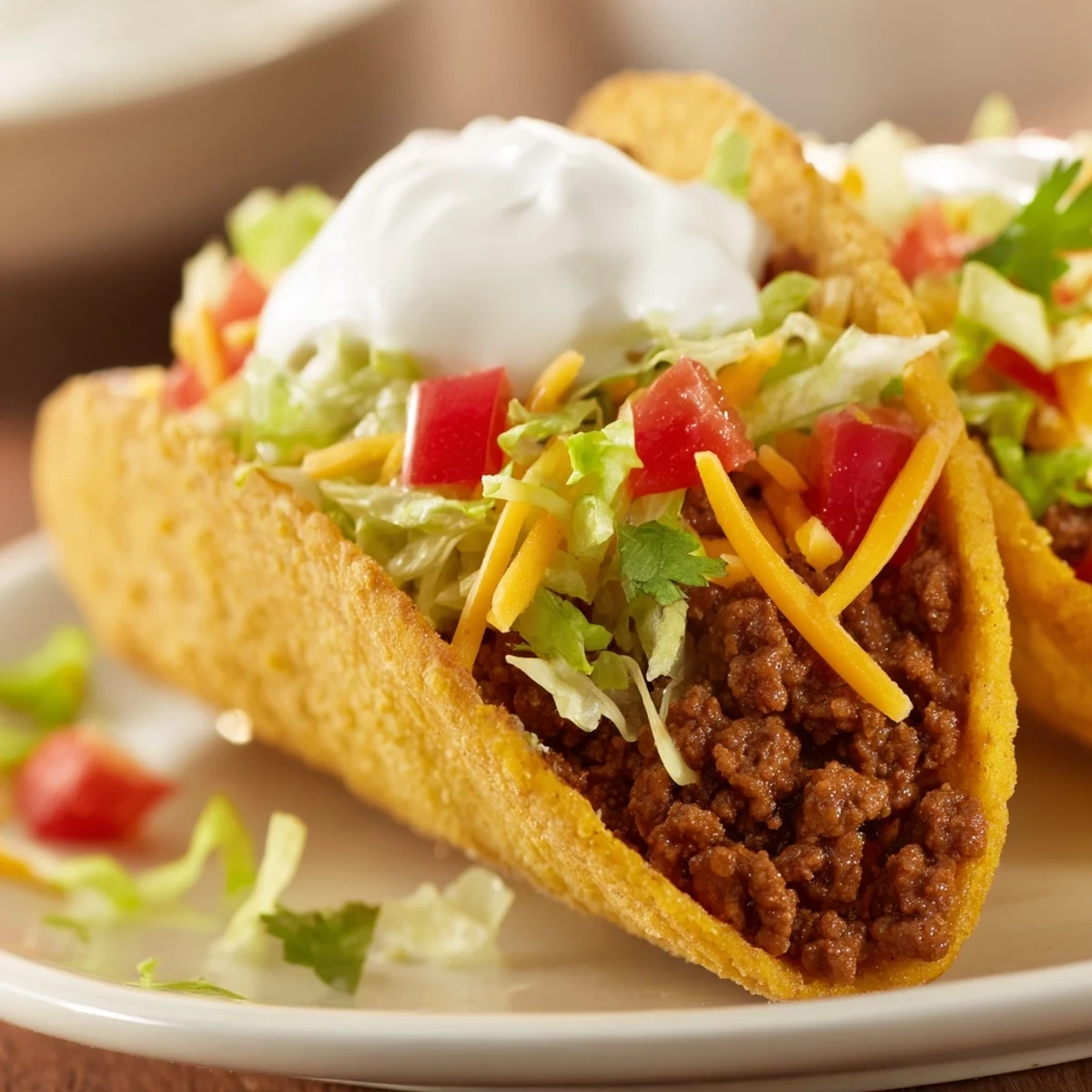 These classic beef tacos with sour cream are garnished with lime wedges and cilantro, perfect for a quick weeknight dinner.  