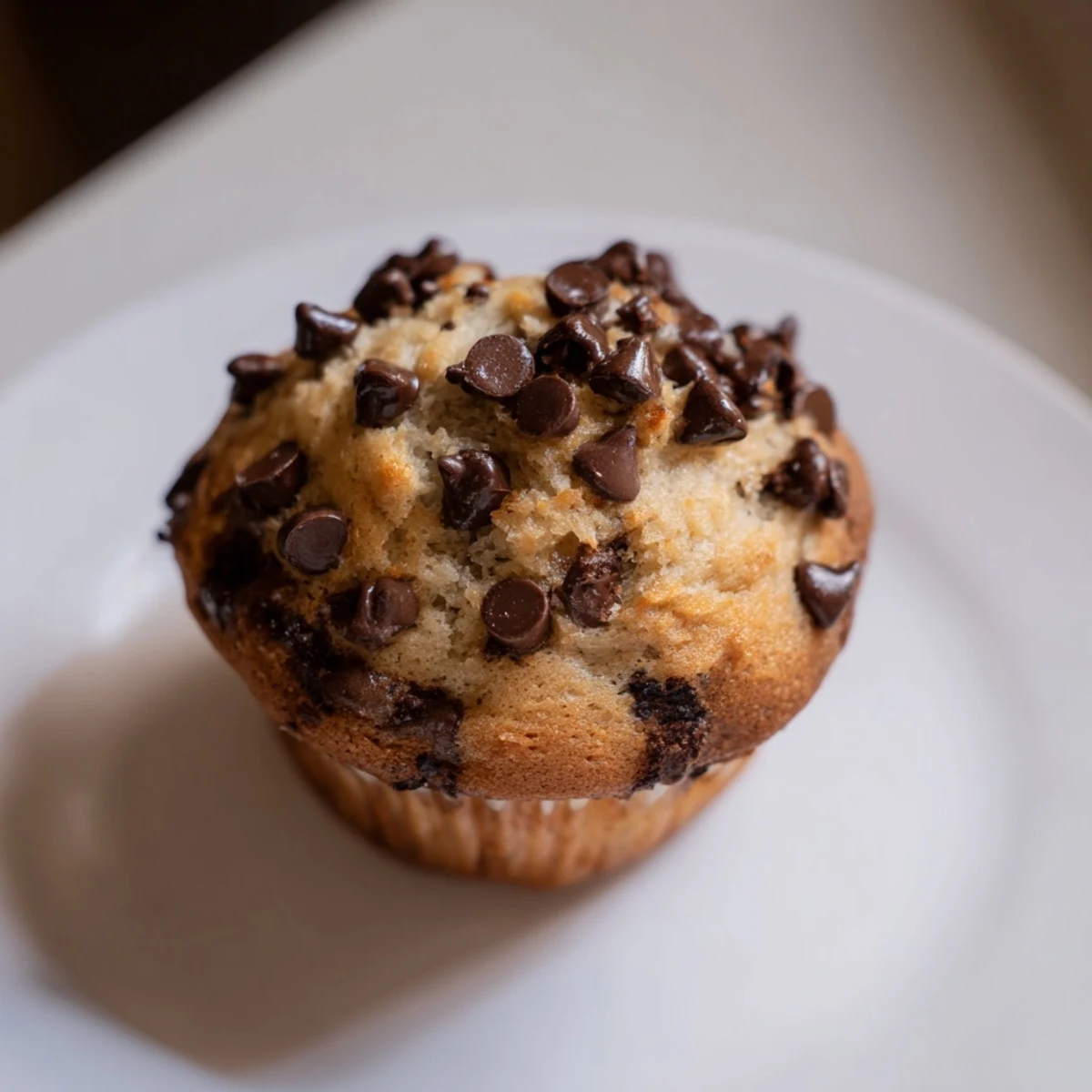 Golden-brown Chocolate Chip Muffins rise tall in a muffin tin, showing cracked tops and pools of melted semi-sweet chocolate.