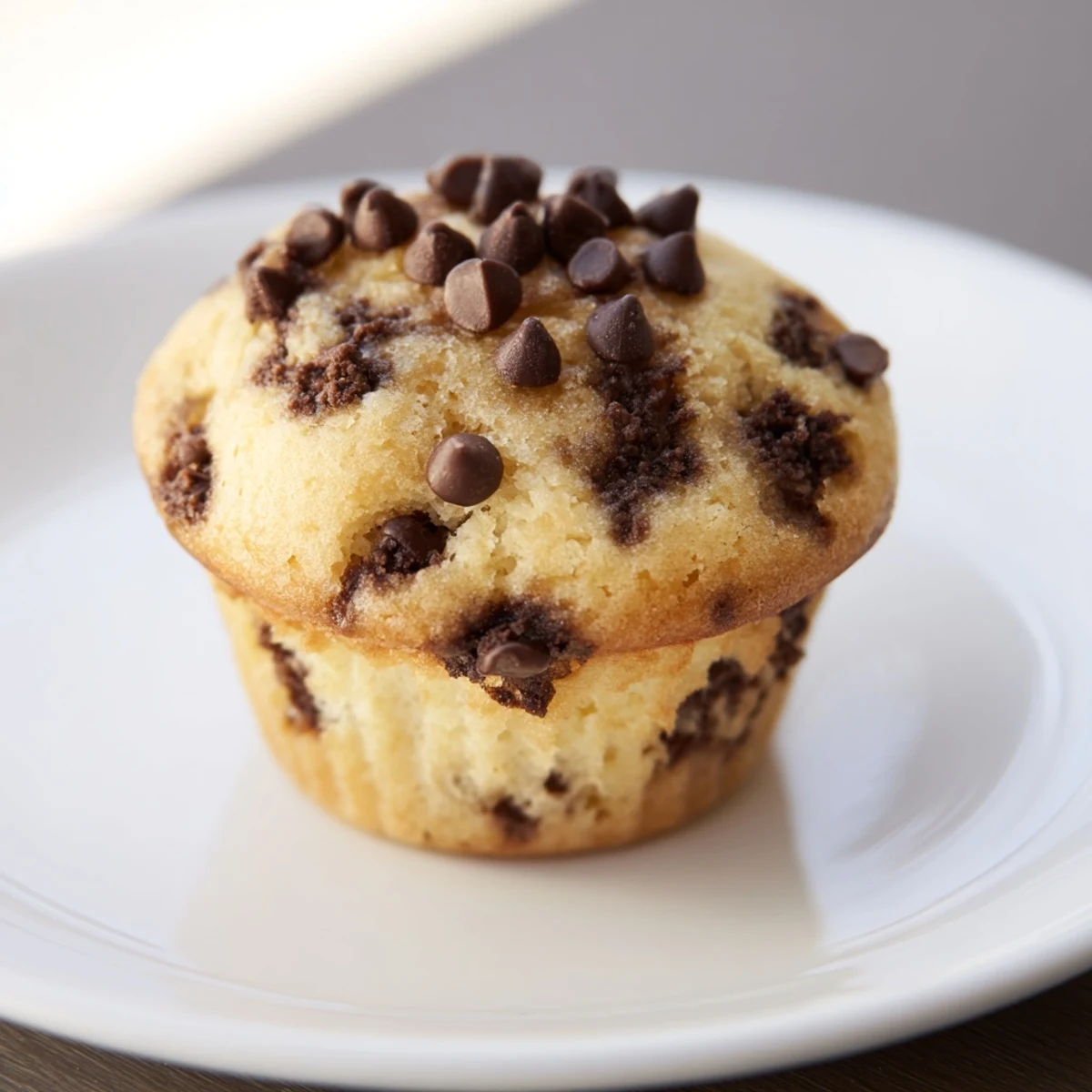 Freshly baked Chocolate Chip Muffins sit on a cooling rack, with a glass of cold milk and morning coffee nearby.