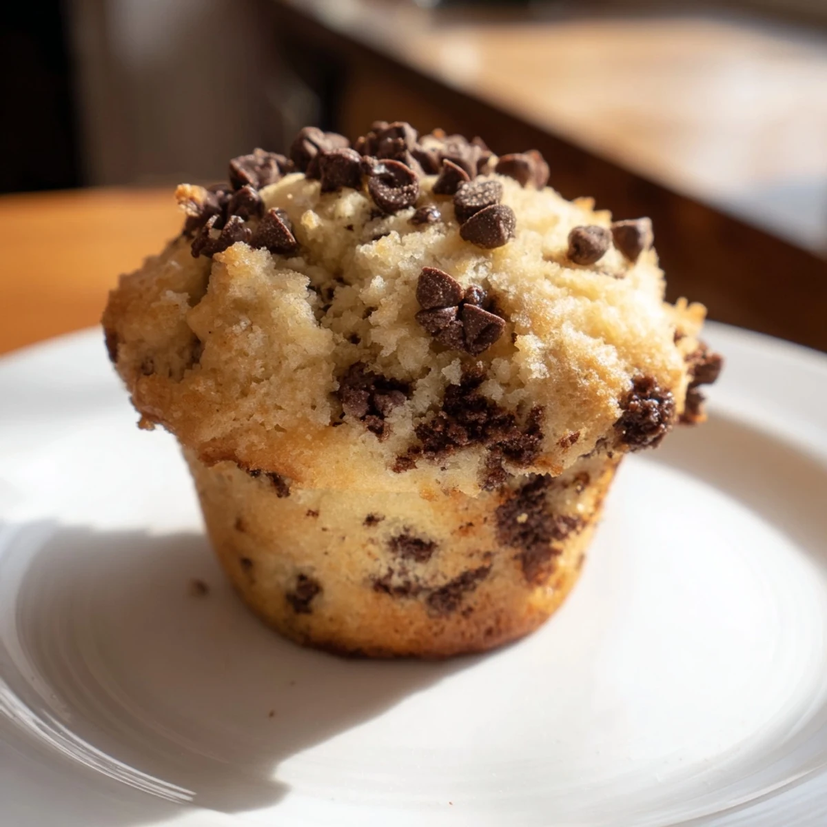 A close-up of warm Chocolate Chip Muffins highlights fluffy crumbs and gooey chocolate chips on a rustic wooden table.