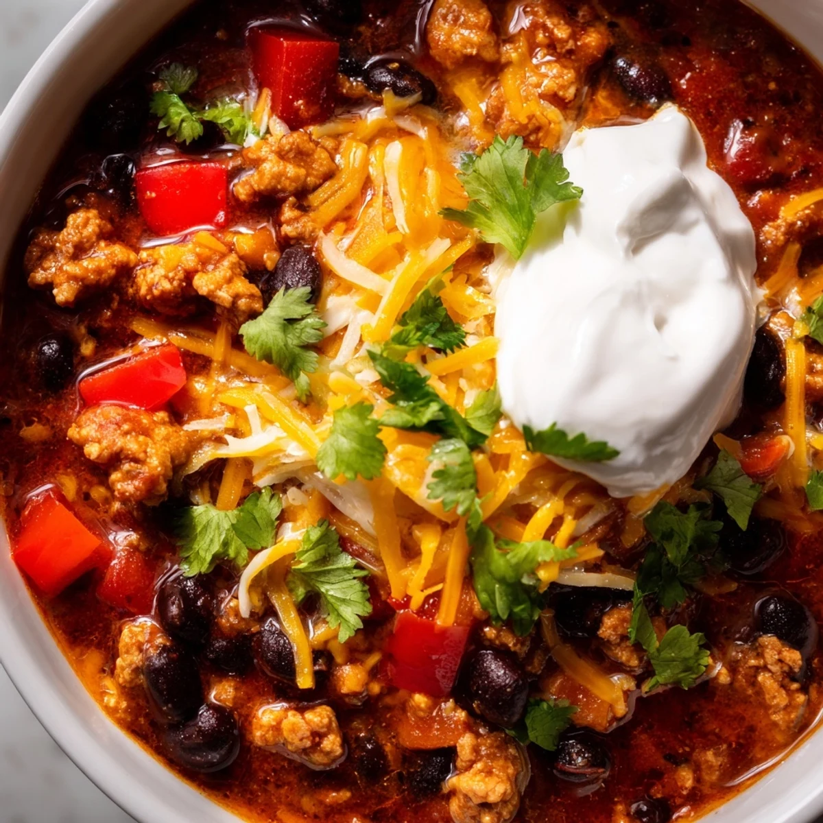 A steaming bowl of Turkey Chili with Black Beans, topped with melted cheddar, fresh cilantro, and a lime wedge for a zesty finish.  