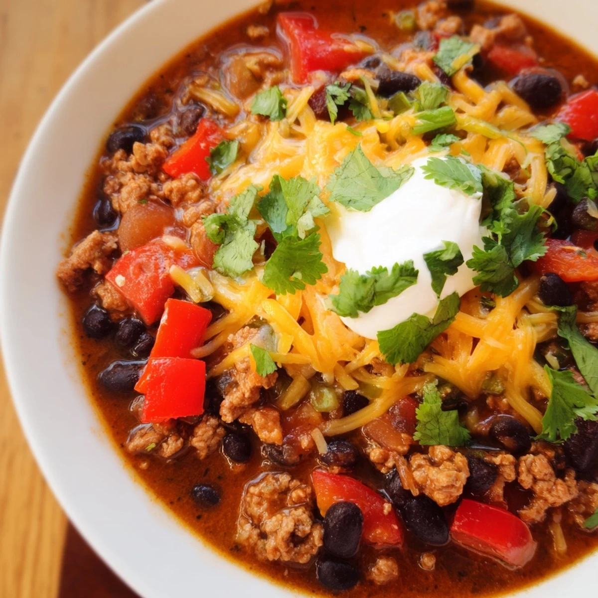 Turkey Chili with Black Beans simmered in a Dutch oven, garnished with green onions and sour cream, ready to serve with cornbread.