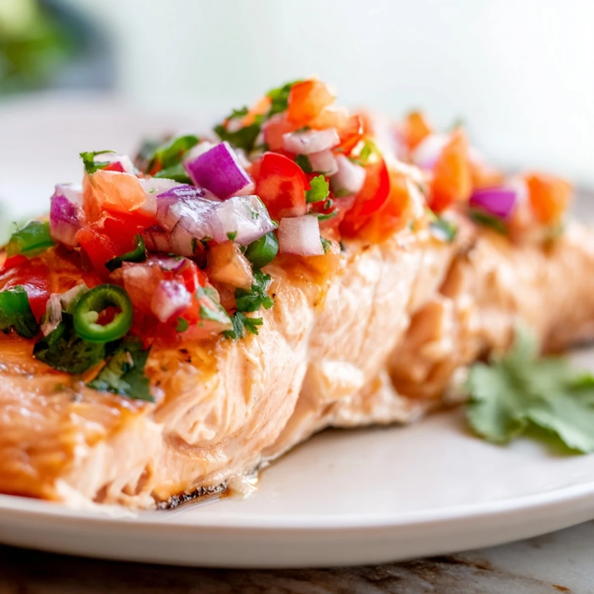 Perfectly baked salmon fillets topped with a bright, zesty fresh salsa and lemon slices on a rustic plate.  