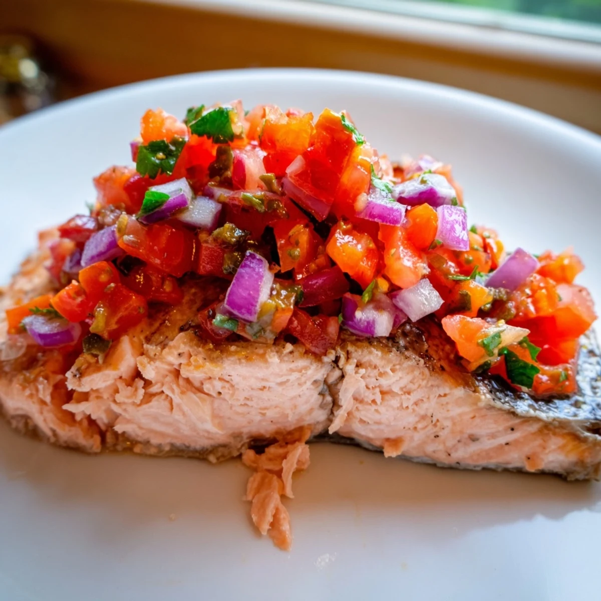 A close-up of Baked Salmon with Fresh Salsa, showing flaky texture and vibrant diced tomatoes and cilantro.