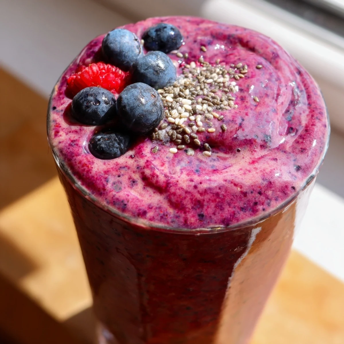 Garnished Winter Berry Smoothie in a glass with chia seeds and fresh berries on a rustic wooden table.