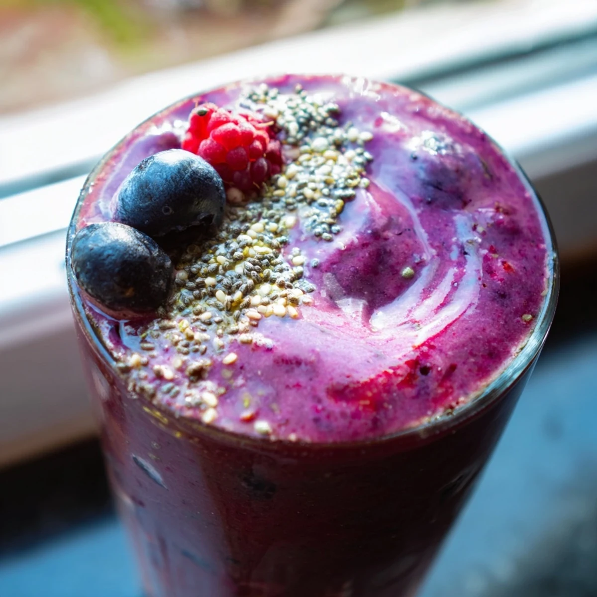 Creamy Winter Berry Smoothie topped with a drizzle of honey, served beside fresh berries and a spoon.